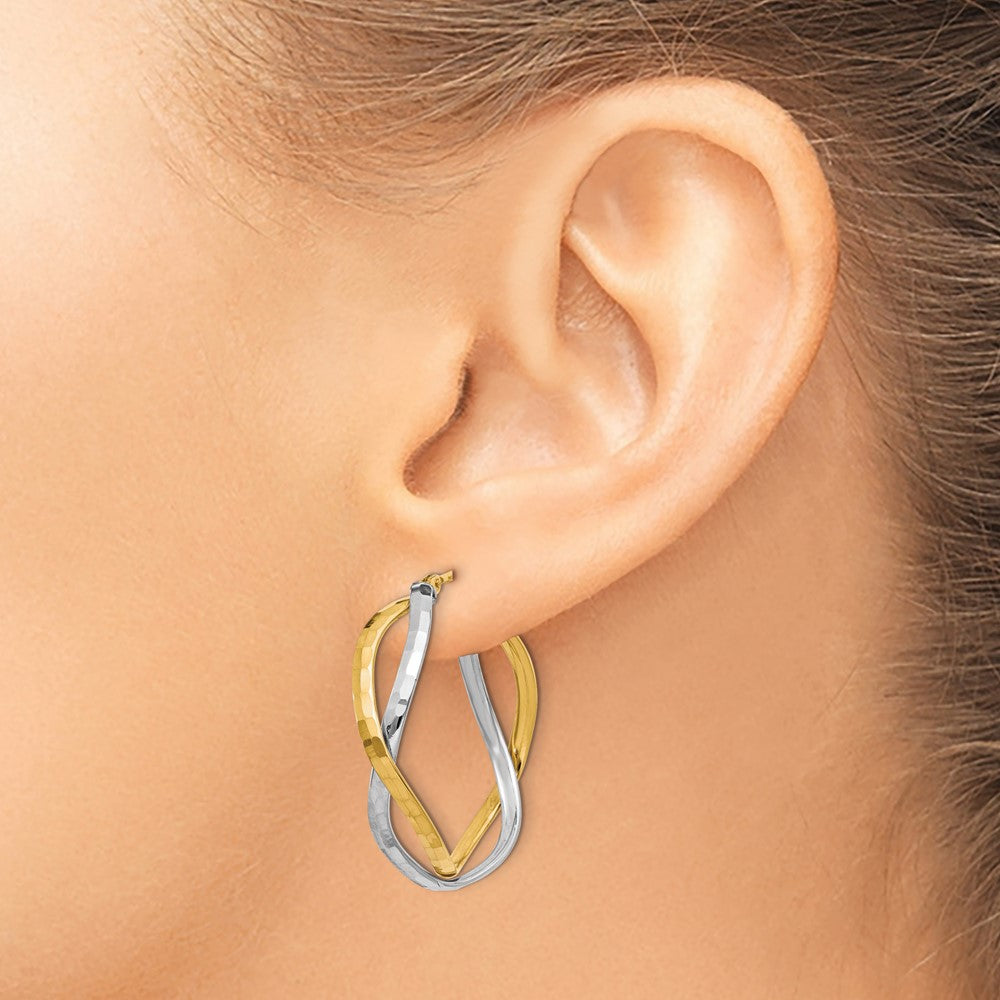 14K with Rhodium Polished Criss Cross Hoop Earrings