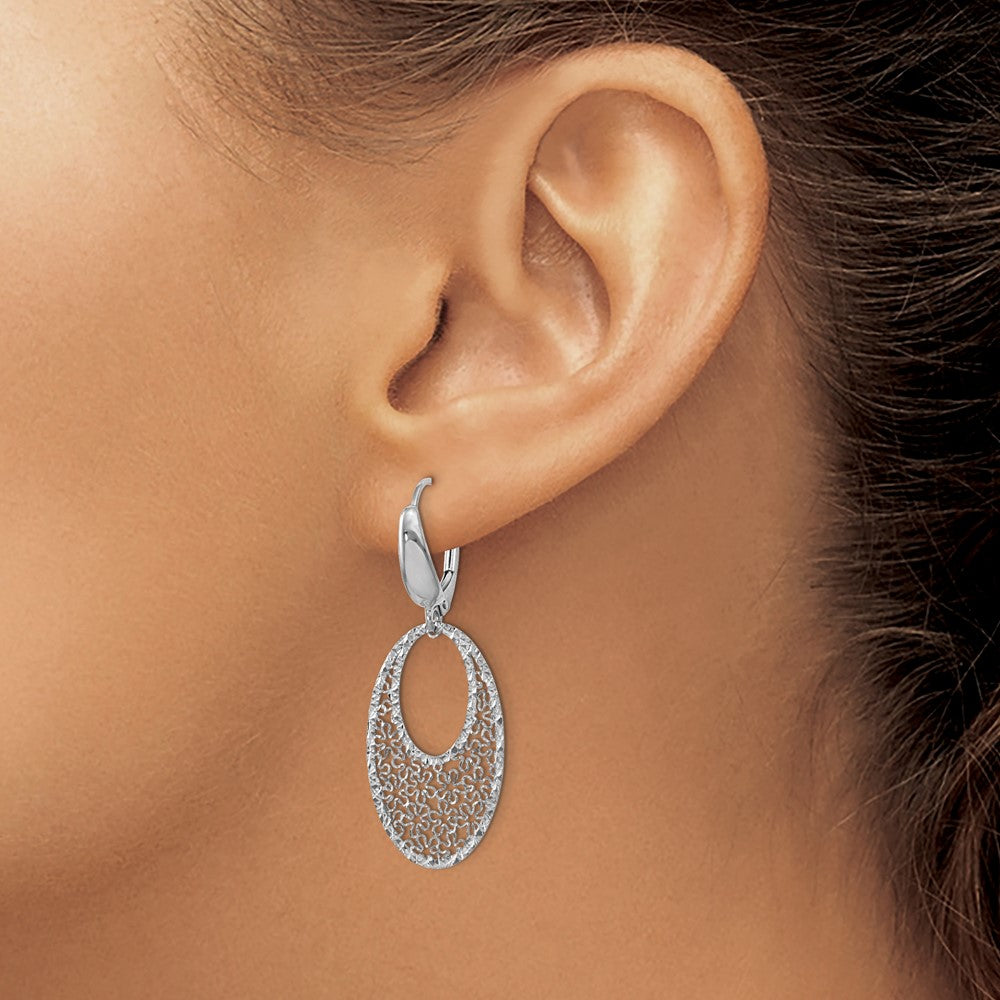 14K White Gold Polished and Textured Floral Leverback Earrings