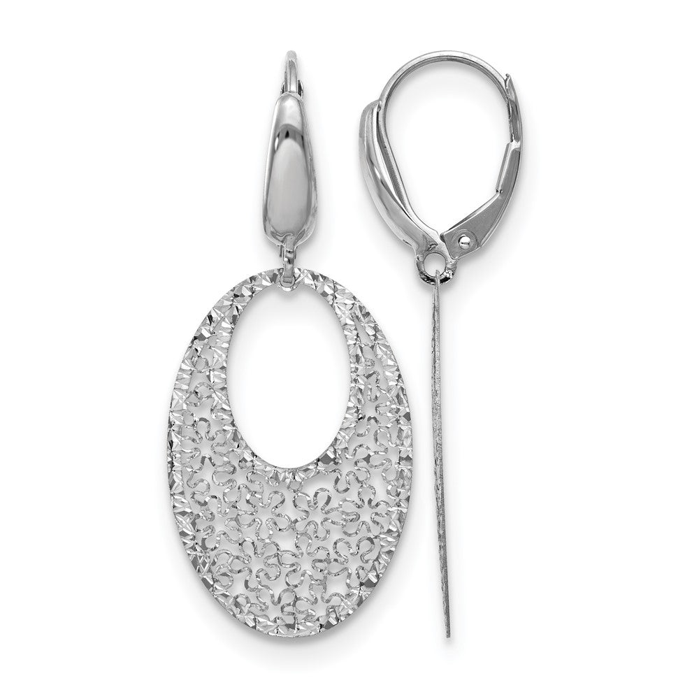 14K White Gold Polished and Textured Floral Leverback Earrings