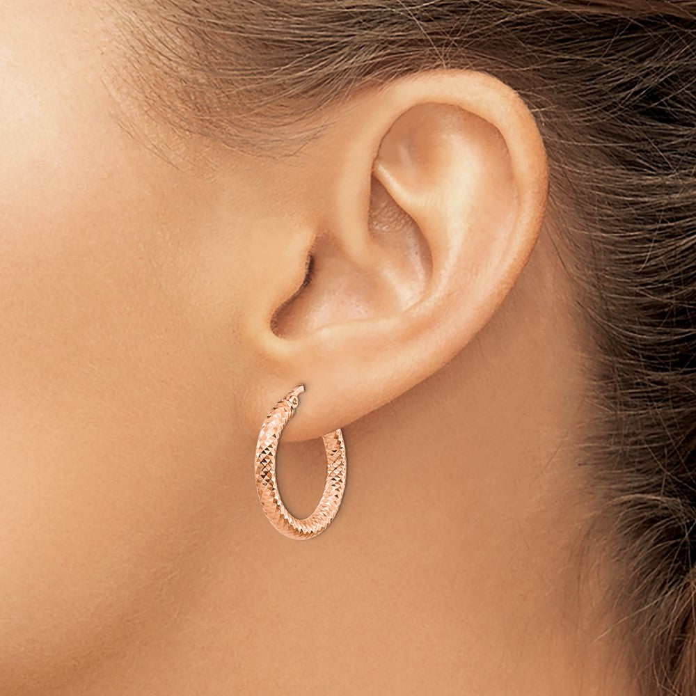 14K 3x15 Rose Gold D/C Round Hoop Earrings