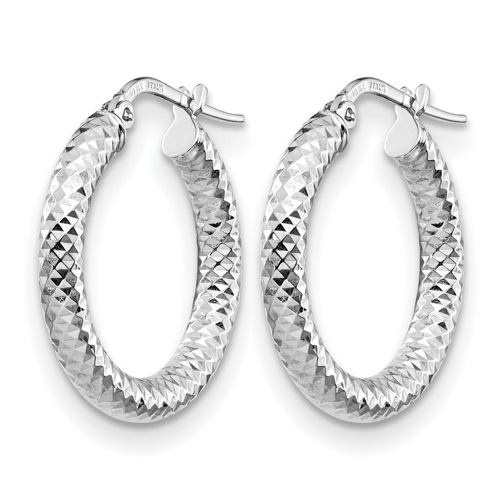 14K 3x20 with White Rhodium Plating D/C Round Hoop Earrings