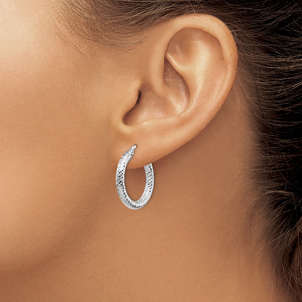 14K 3x20 with White Rhodium Plating D/C Round Hoop Earrings