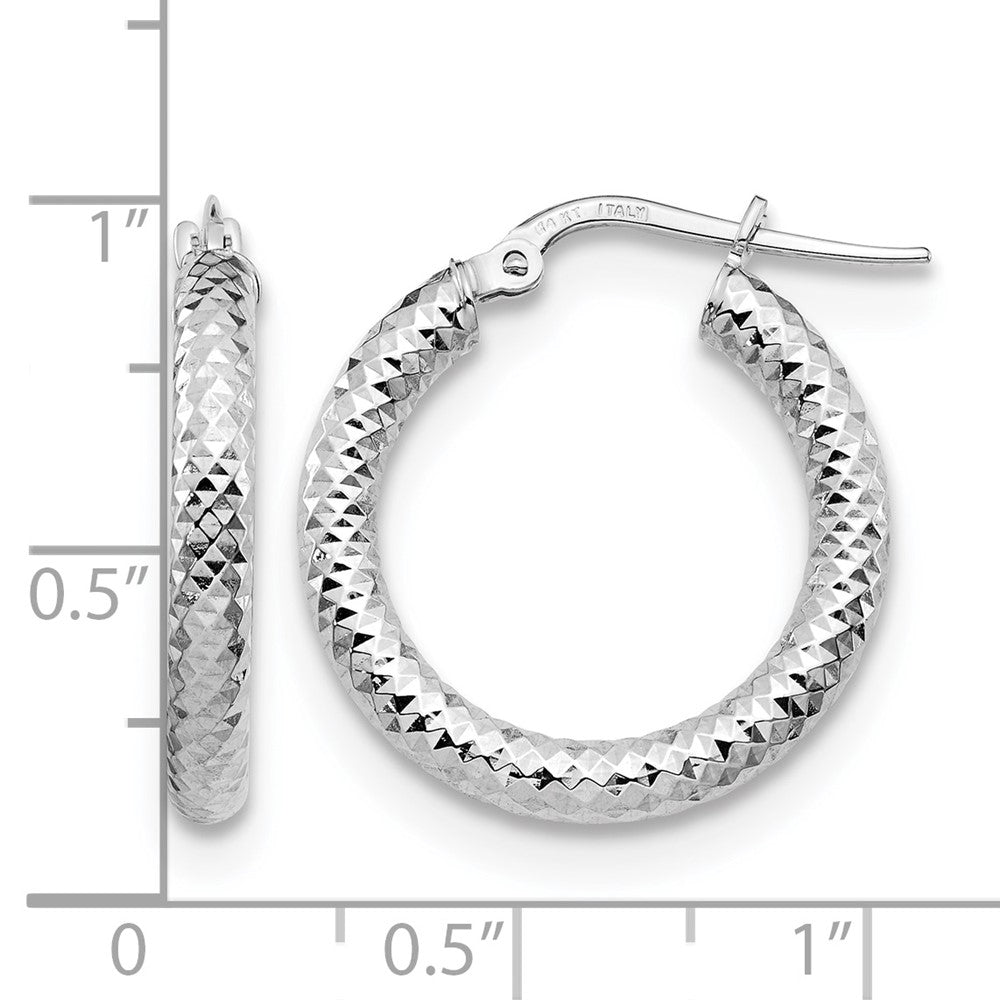 14K 3x20 with White Rhodium Plating D/C Round Hoop Earrings