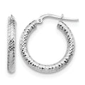 14K 3x20 with White Rhodium Plating D/C Round Hoop Earrings
