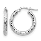 14K 3x20 with White Rhodium Plating D/C Round Hoop Earrings