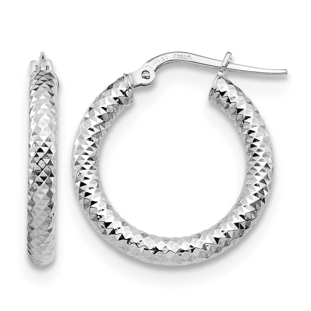 14K 3x20 with White Rhodium Plating D/C Round Hoop Earrings
