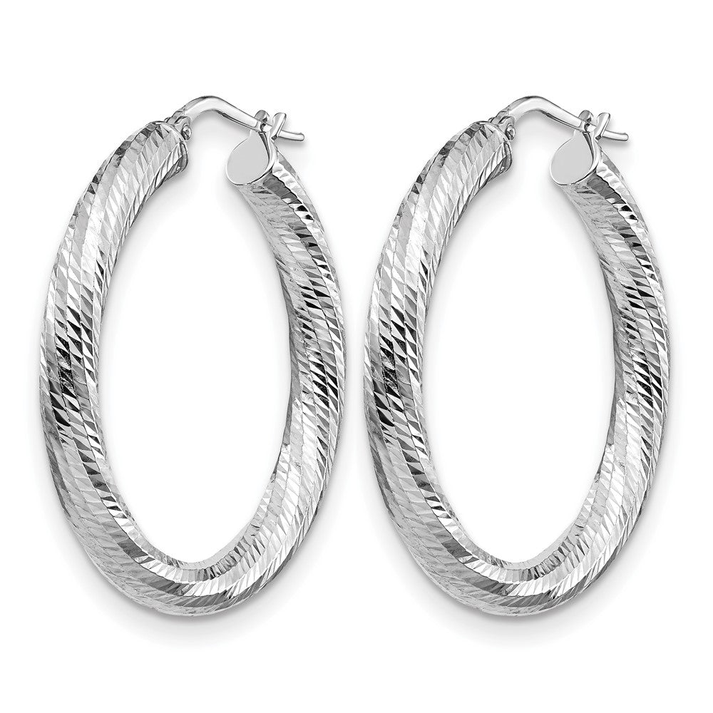 14K 4x35 White Gold D/C Round Hoop Earrings