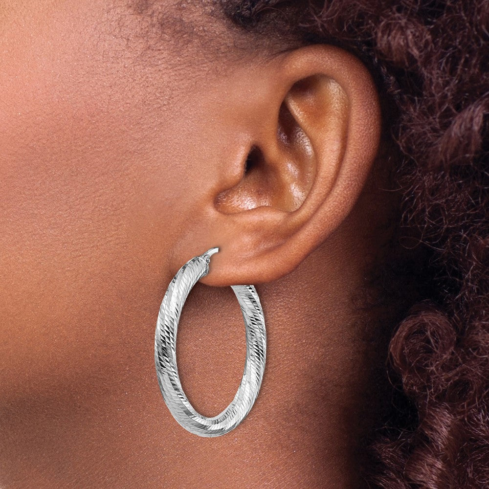 14K 4x35 White Gold D/C Round Hoop Earrings