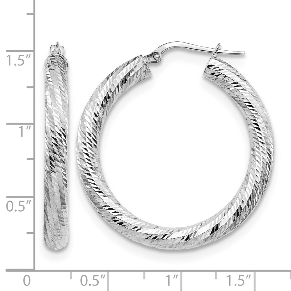 14K 4x35 White Gold D/C Round Hoop Earrings