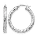 14K 4x35 White Gold D/C Round Hoop Earrings