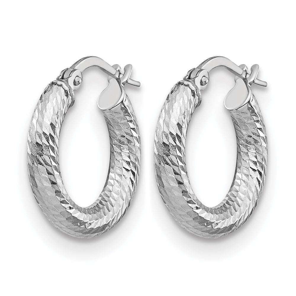 14K 3x10 with White Rhodium Plating D/C Round Hoop Earrings