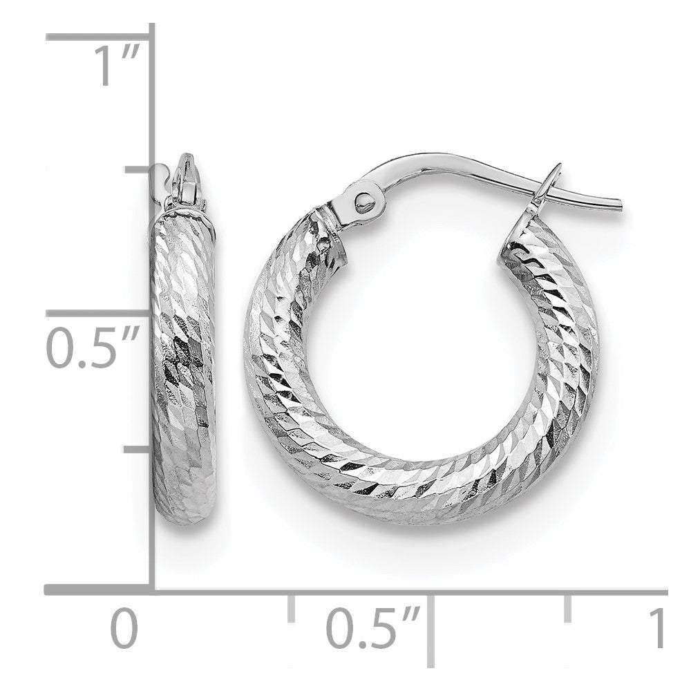 14K 3x10 with White Rhodium Plating D/C Round Hoop Earrings