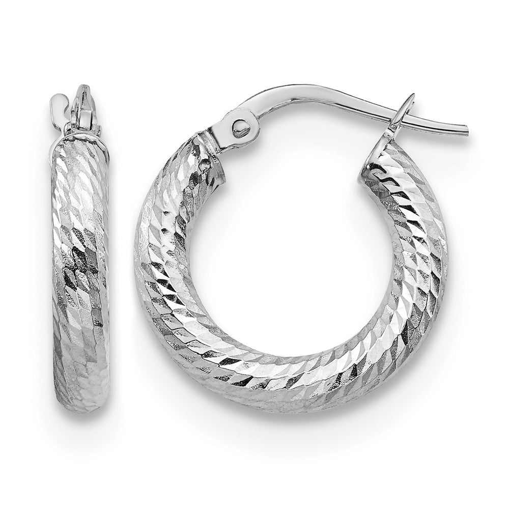 14K 3x10 with White Rhodium Plating D/C Round Hoop Earrings