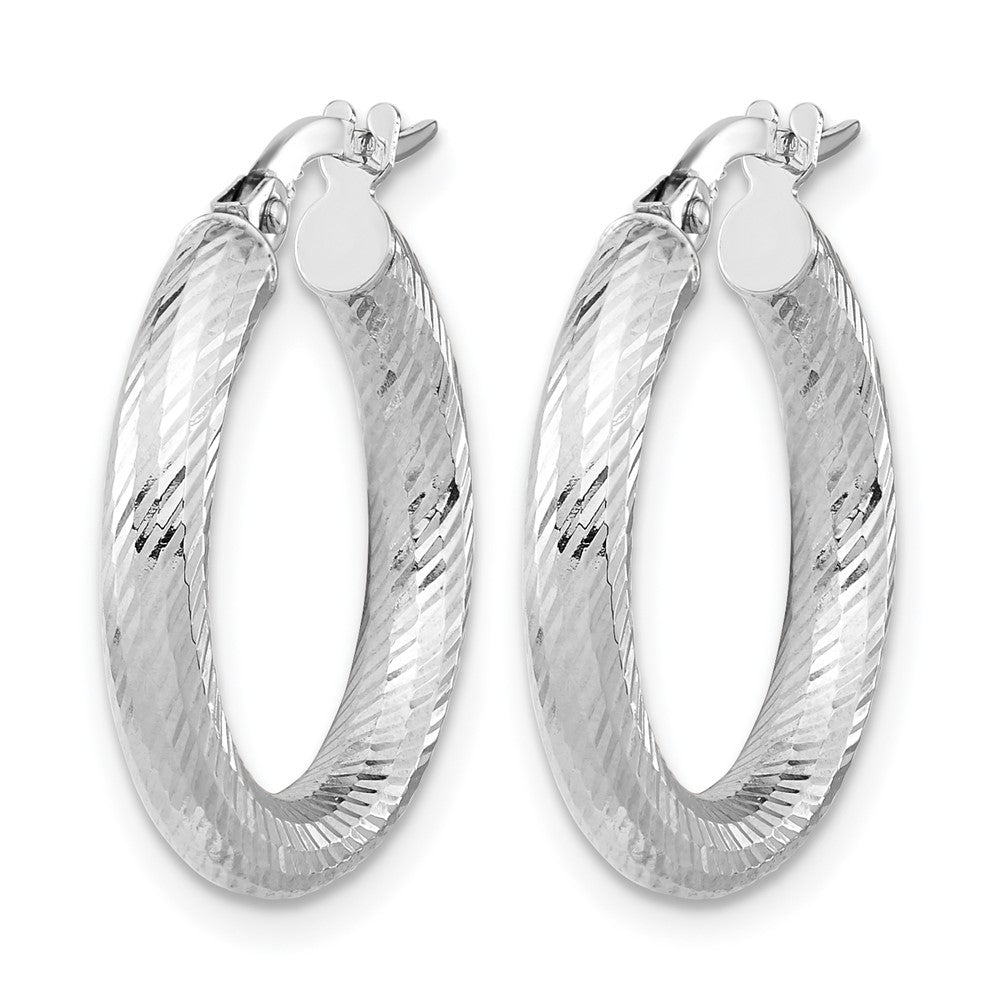 14K 3x15 with White Rhodium Plating D/C Round Hoop Earrings