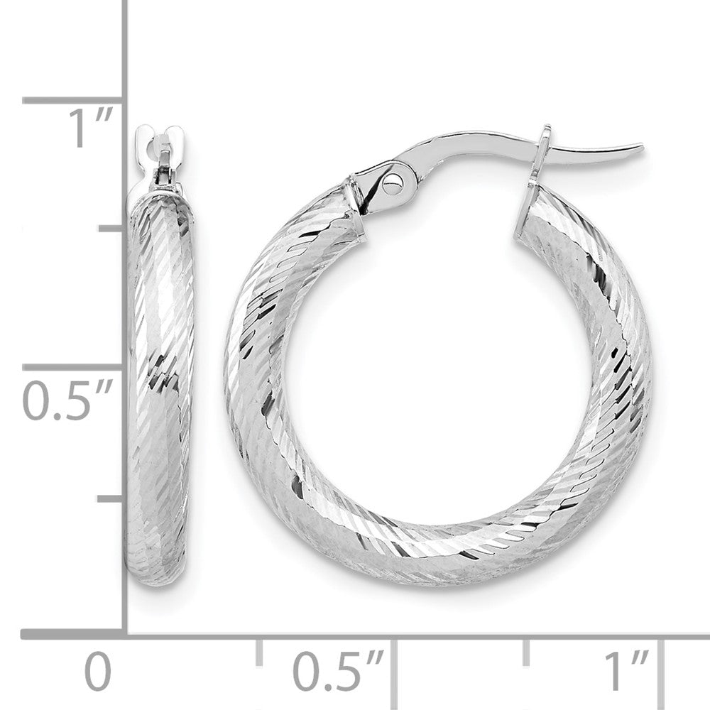 14K 3x15 with White Rhodium Plating D/C Round Hoop Earrings