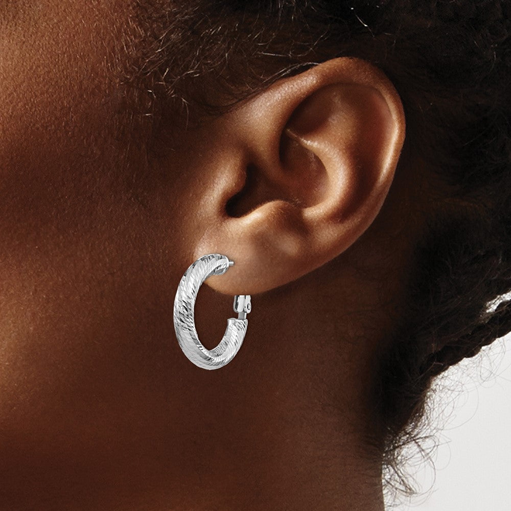 14K 4x15 White Gold D/C Round Omega Back Hoop Earrings