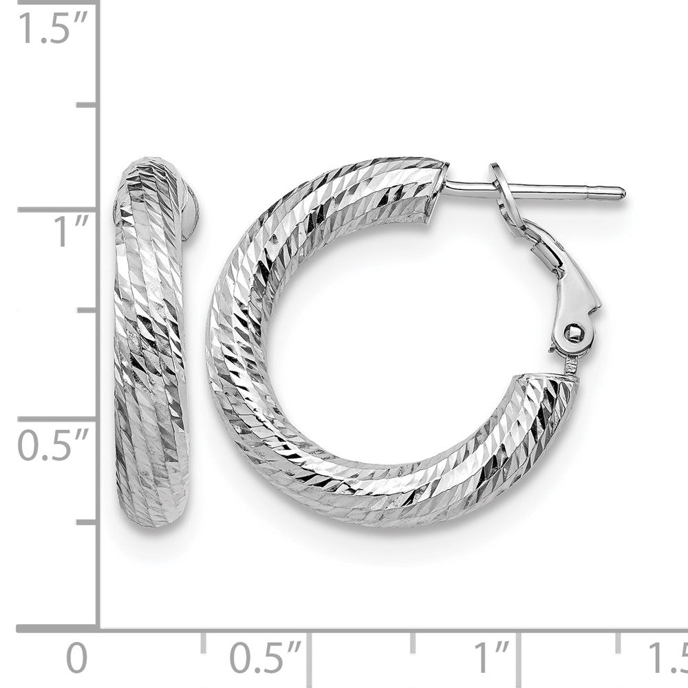 14K 4x15 White Gold D/C Round Omega Back Hoop Earrings