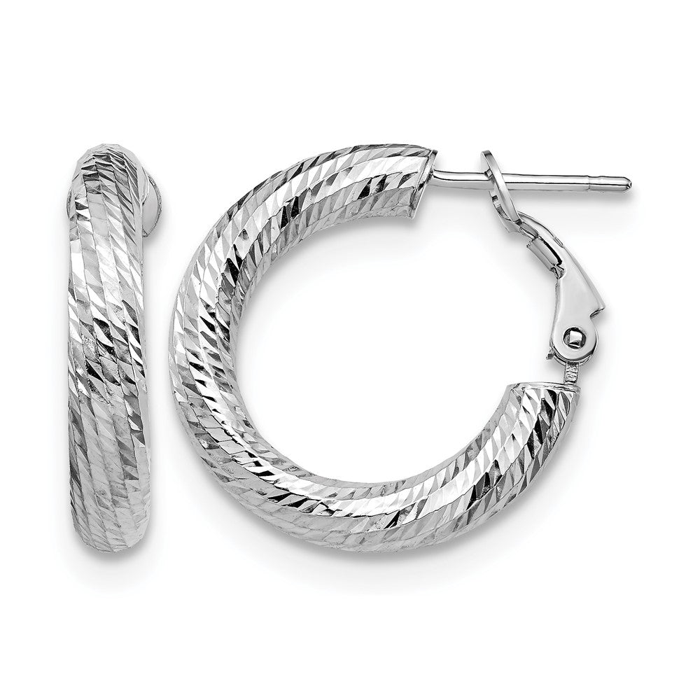 14K 4x15 White Gold D/C Round Omega Back Hoop Earrings