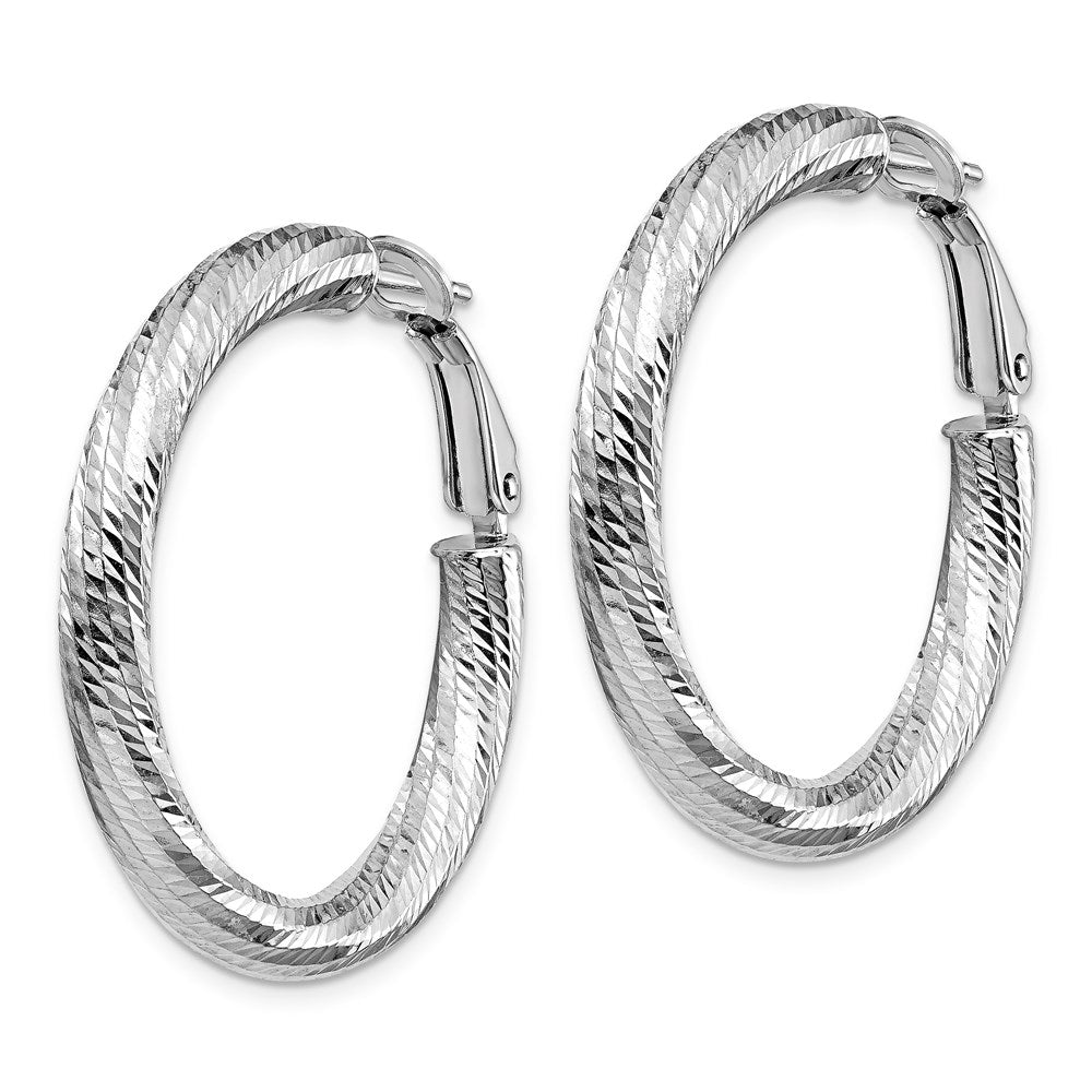14K 4x25 White Gold D/C Round Omega Back Hoop Earrings