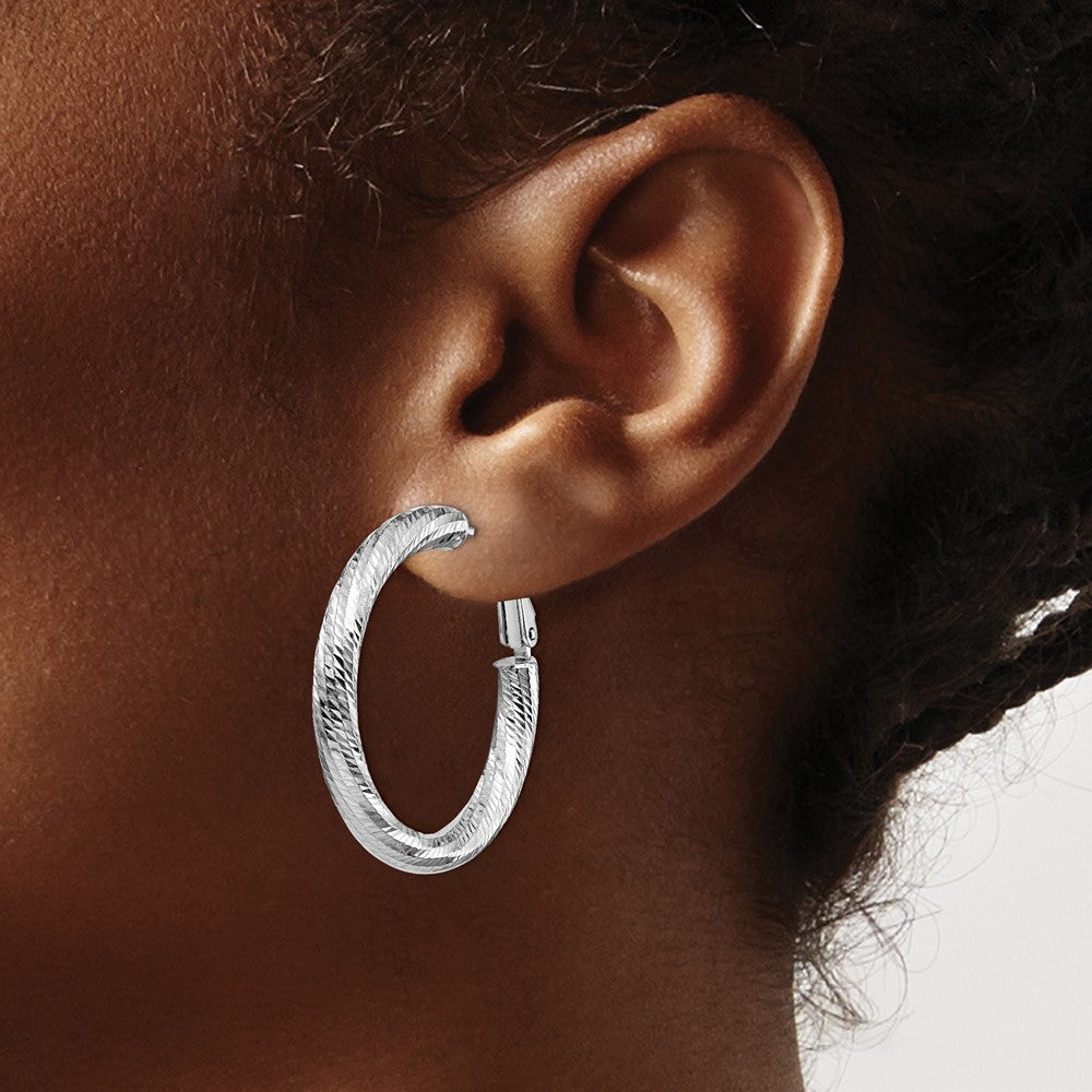 14K 4x25 White Gold D/C Round Omega Back Hoop Earrings