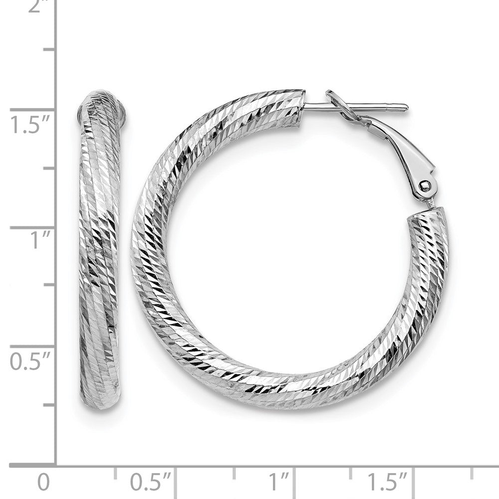 14K 4x25 White Gold D/C Round Omega Back Hoop Earrings