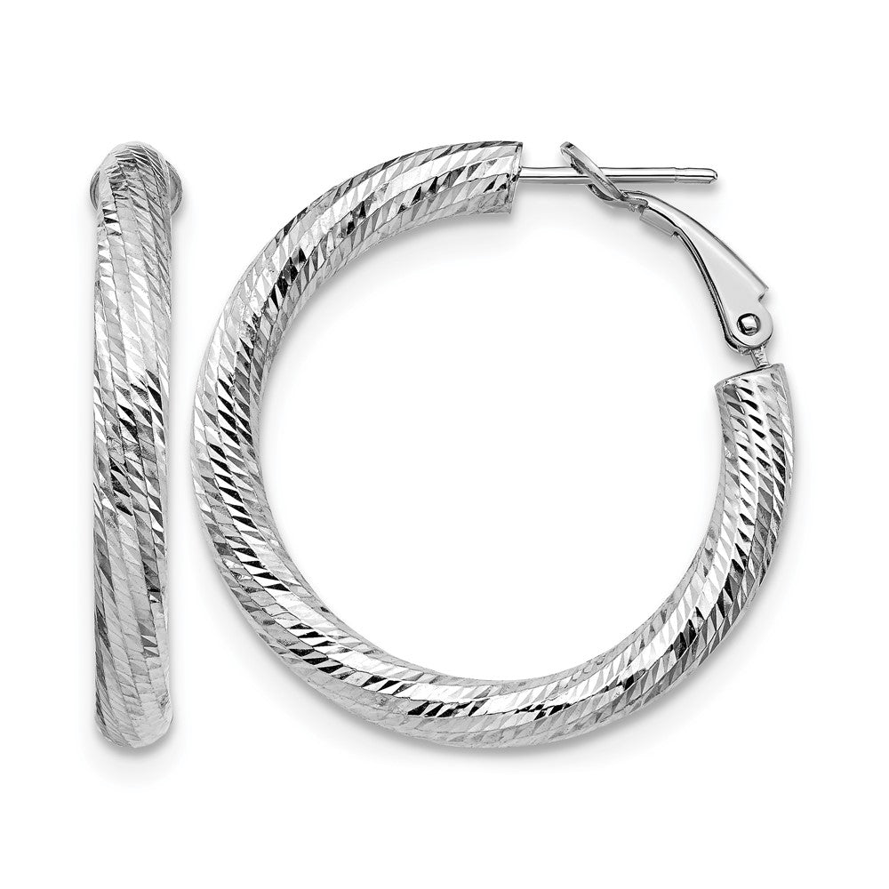 14K 4x25 White Gold D/C Round Omega Back Hoop Earrings