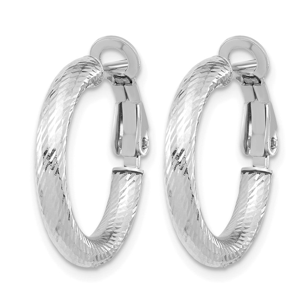 14K 3x15 w/ White Rhod Plating D/C Round Omega Back Hoop Earrings