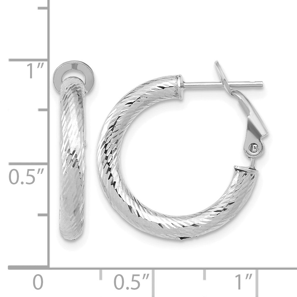 14K 3x15 w/ White Rhod Plating D/C Round Omega Back Hoop Earrings