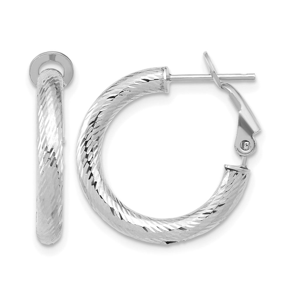 14K 3x15 w/ White Rhod Plating D/C Round Omega Back Hoop Earrings