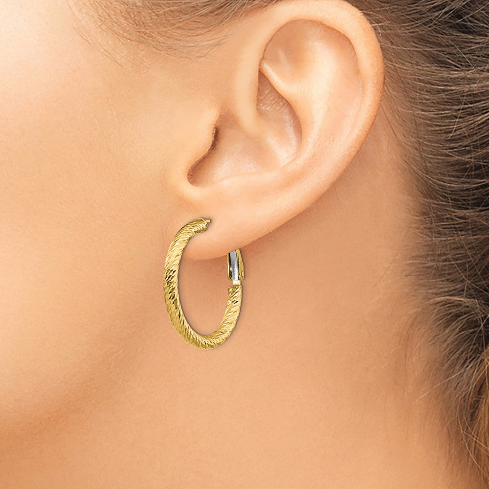 14K 3x20 D/C Round Omega Back Hoop Earrings