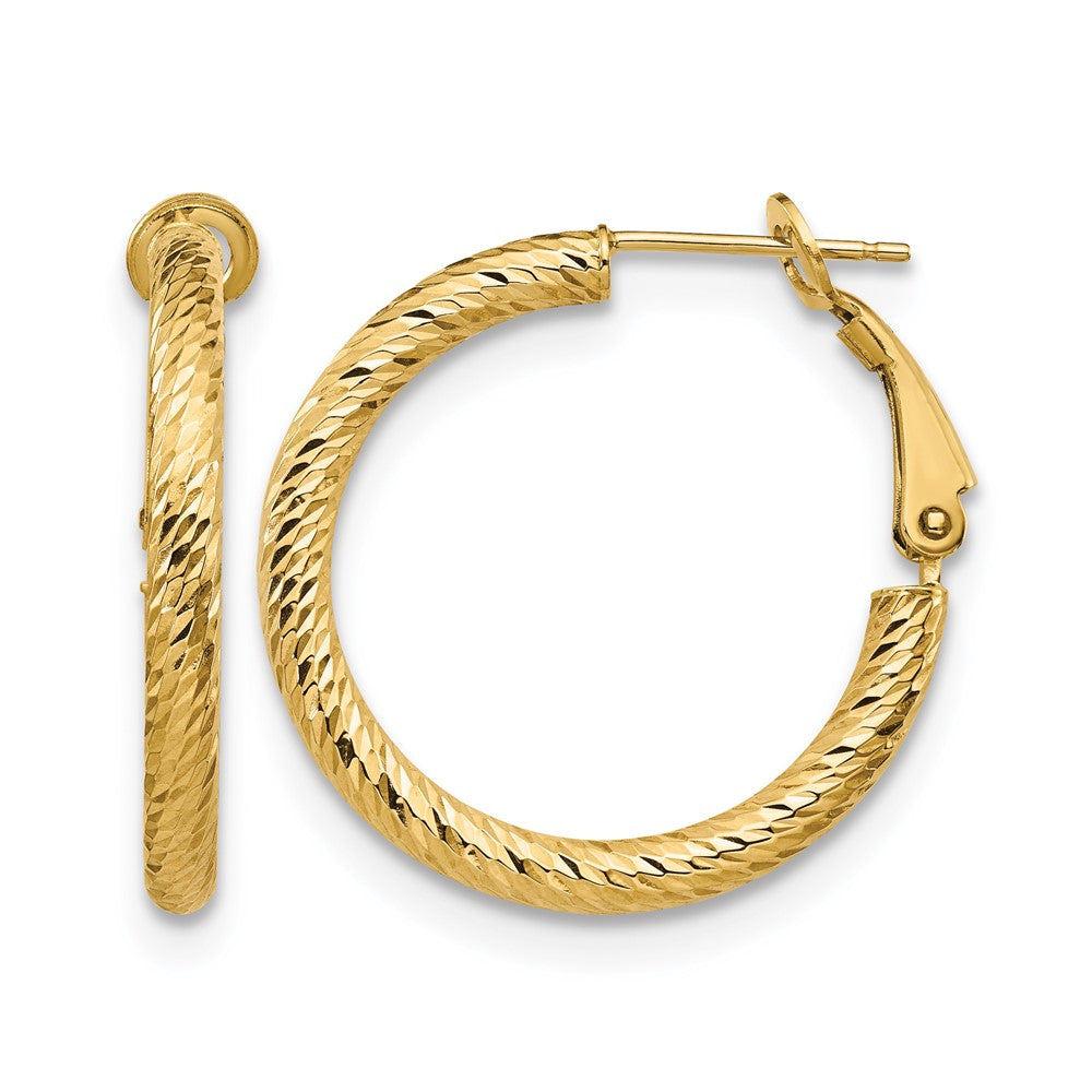 14K 3x20 D/C Round Omega Back Hoop Earrings