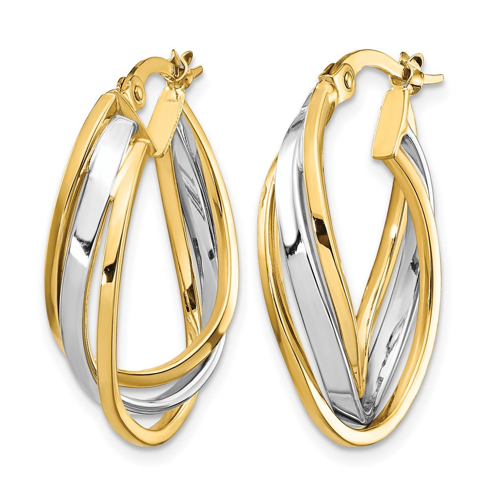 14K with Rhodium Polished Oval Hoop Earrings