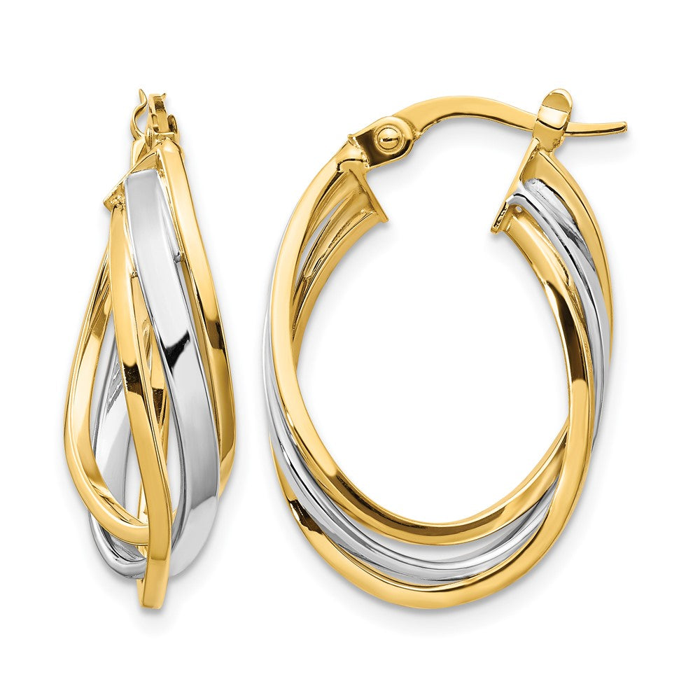 14K with Rhodium Polished Oval Hoop Earrings