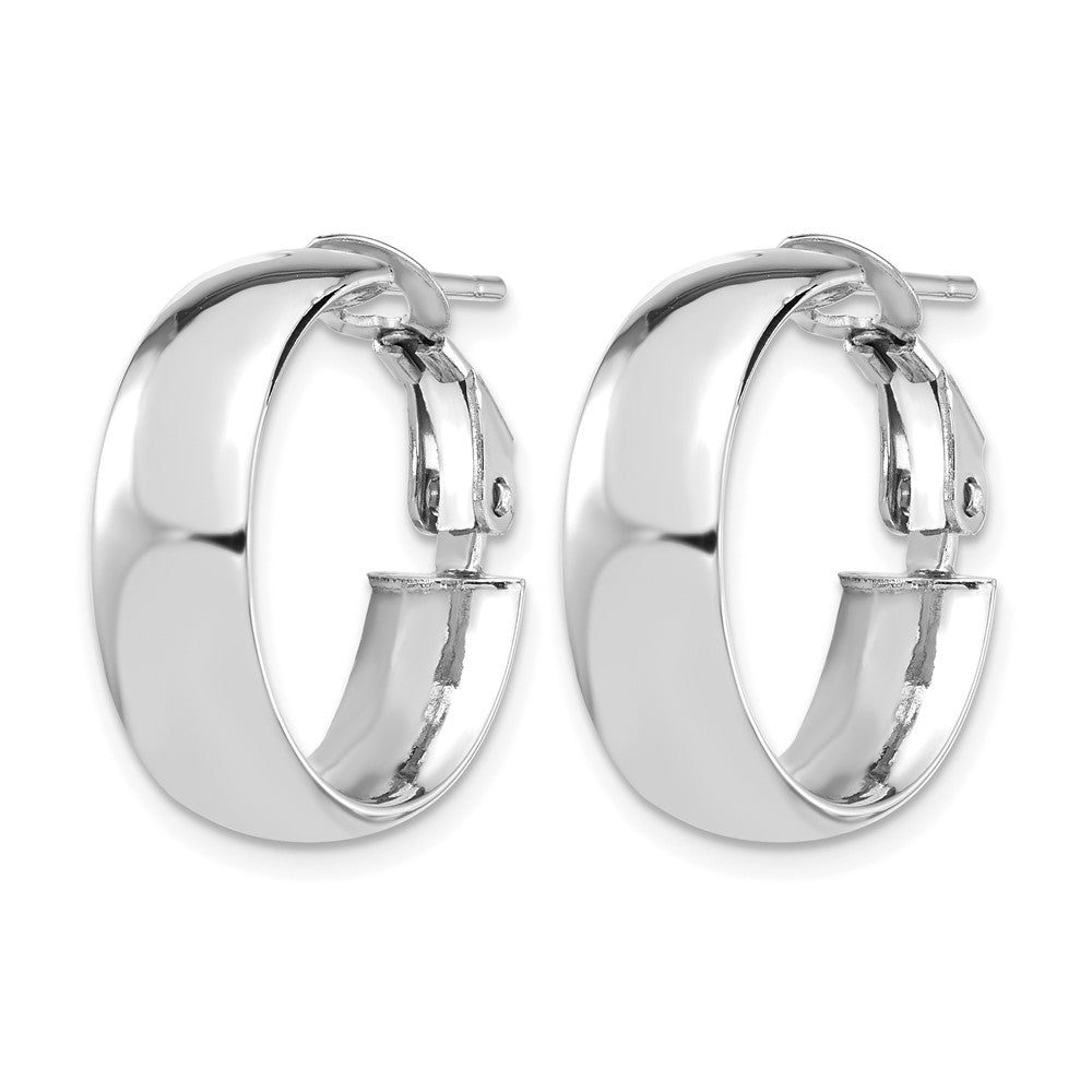 14K with White Rhodium Plating High Polished 6mm Omega Back Hoop Earrings