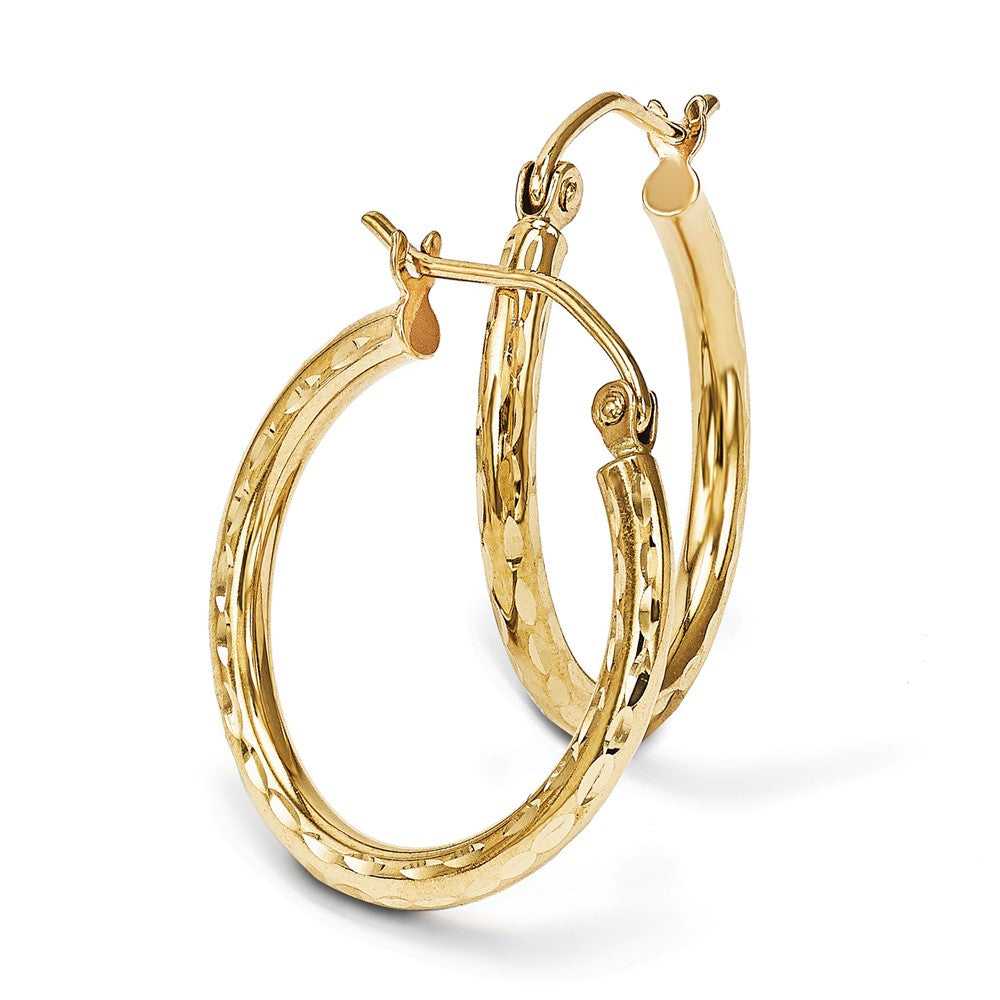 14K Polished and Diamond-cut Round Hoop Earrings