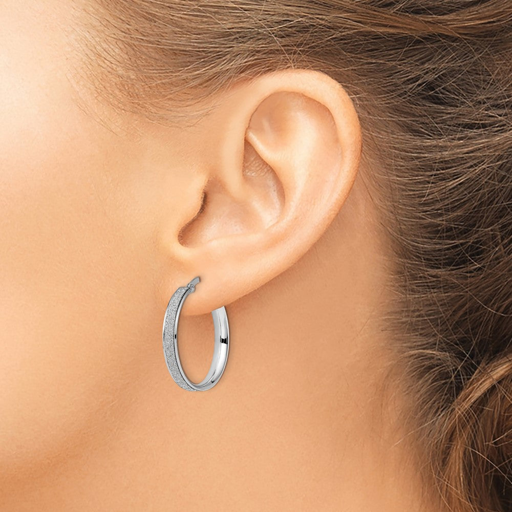 14K White Gold Polished Glimmer Infused Hoop Earrings
