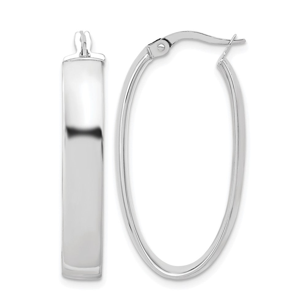 14K with White Rhodium Plating Polished Oval Hoop Earrings