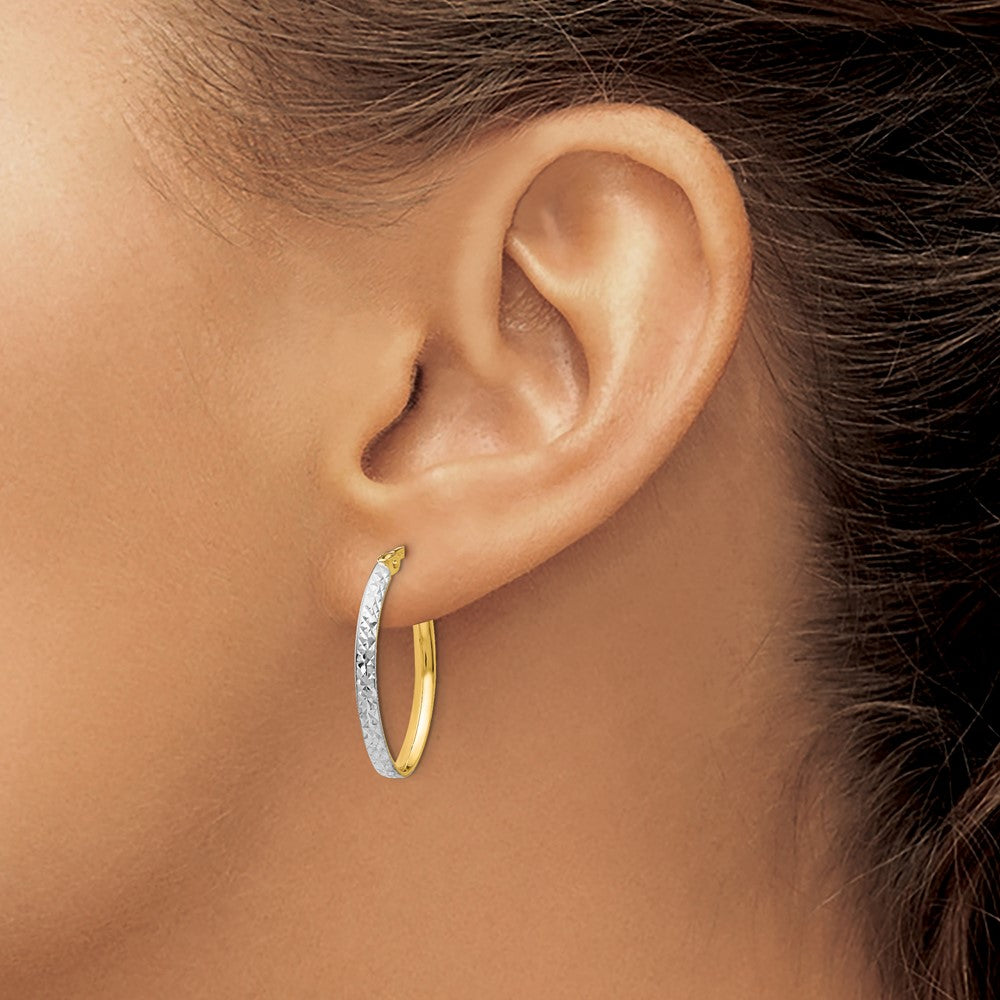 14K w/White Rhodium D/C Oval Hoop Earrings