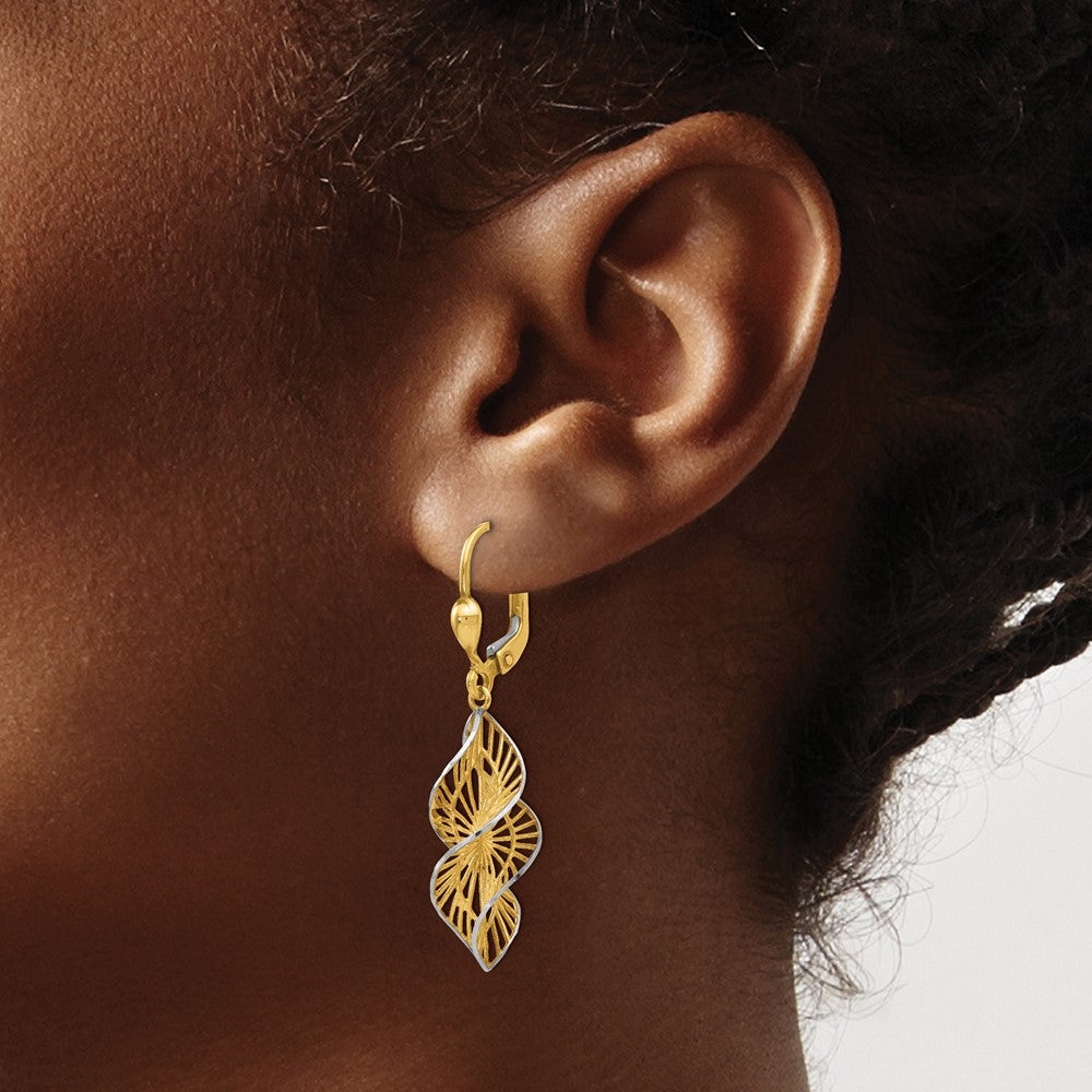 14K w/White Rhodium Textured and D/C Leverback Earrings