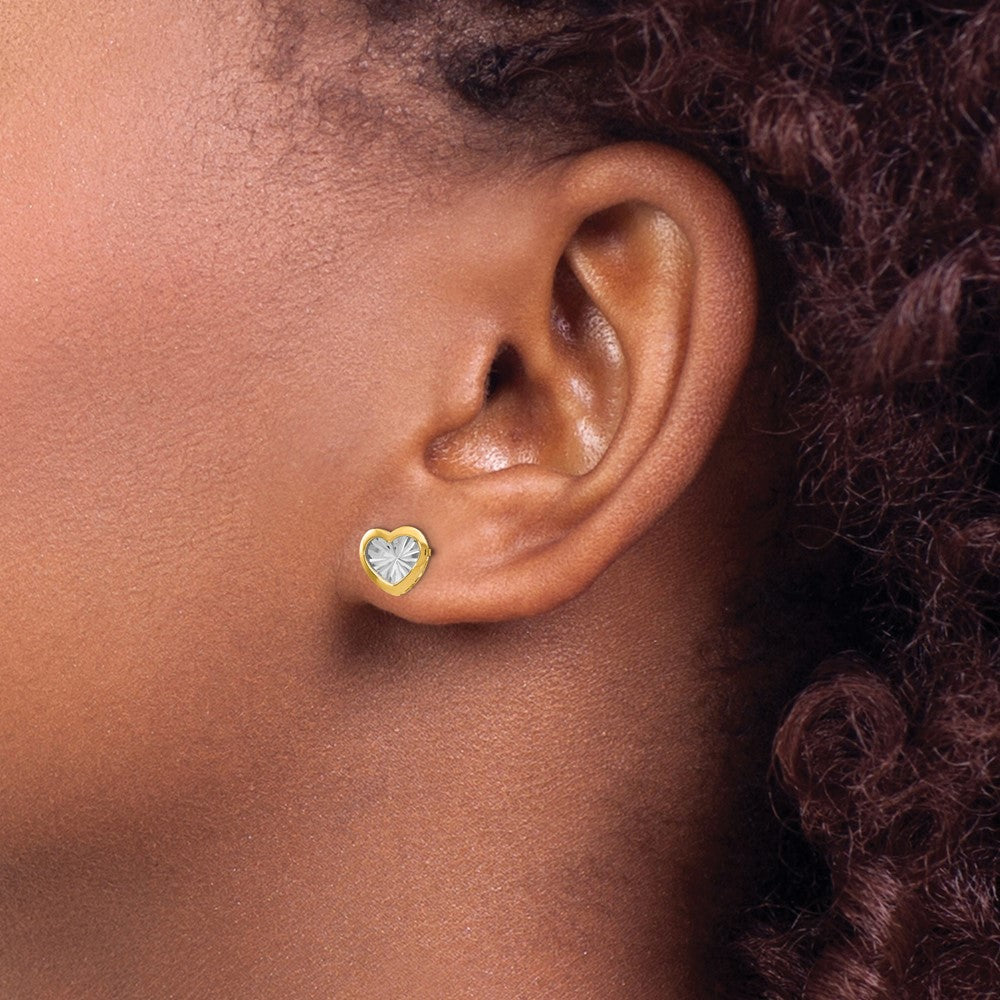 14K w/White Rhodium Polished and D/C Heart Post Earrings
