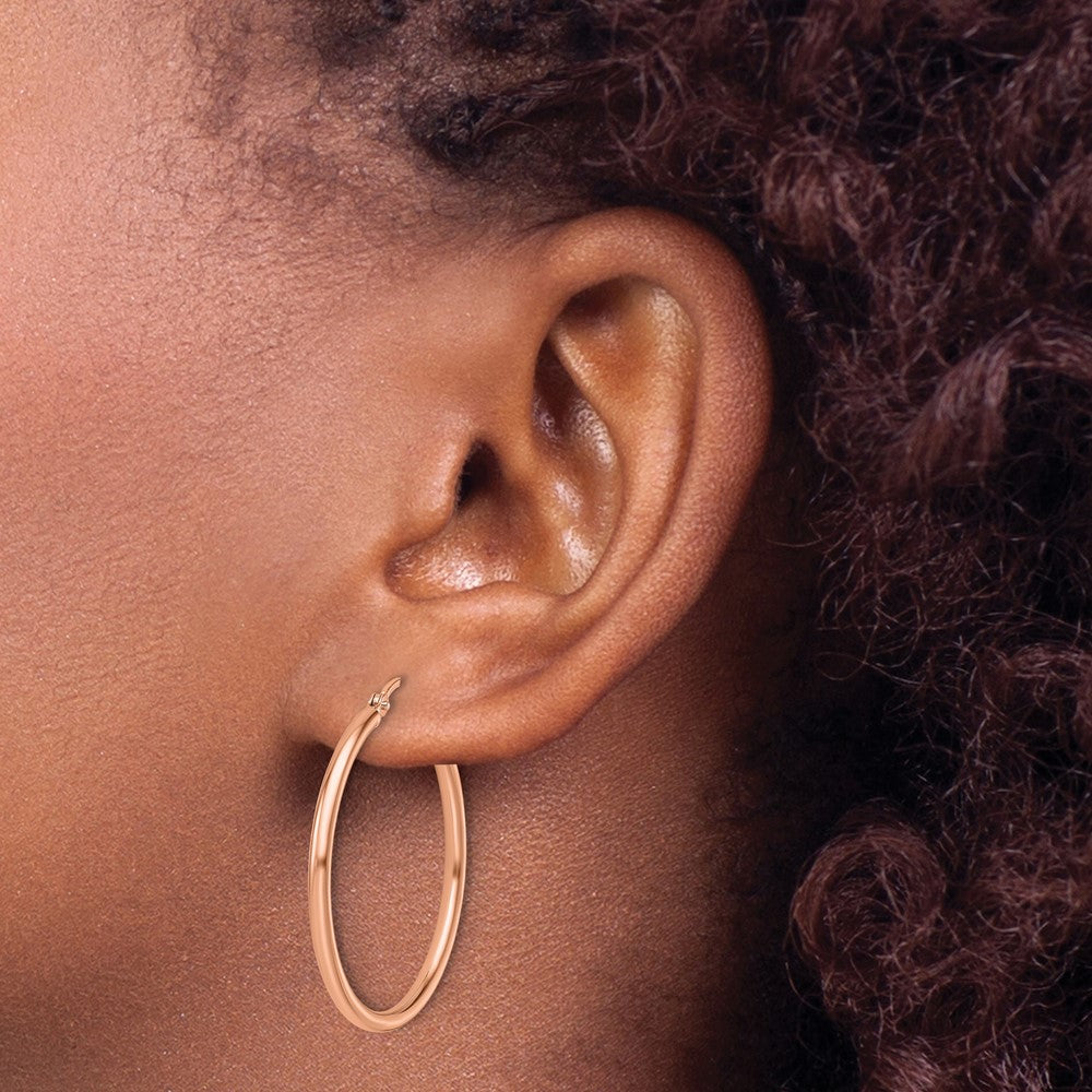 14K Rose Gold 2x30mm Polished Hoop Earrings