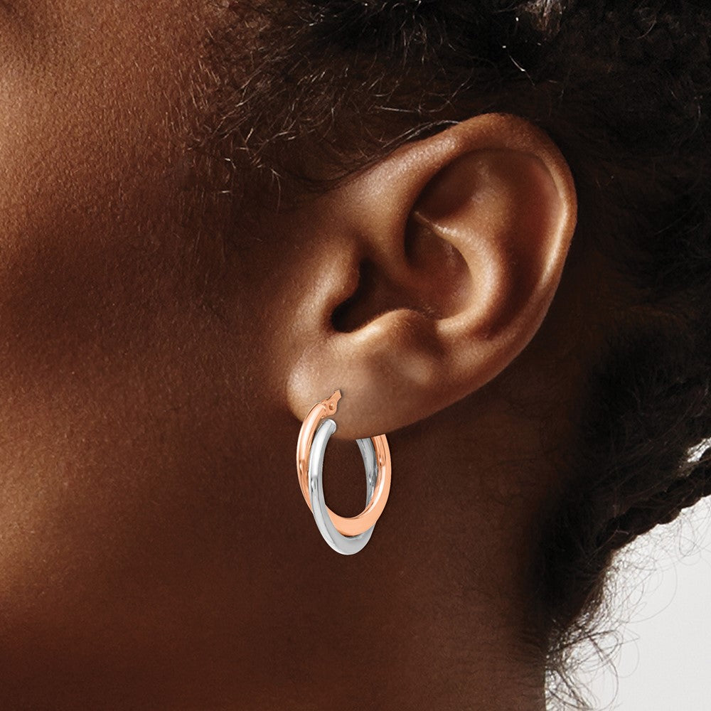 14K with Rhodium Polished Hinged Double Hoop Earrings