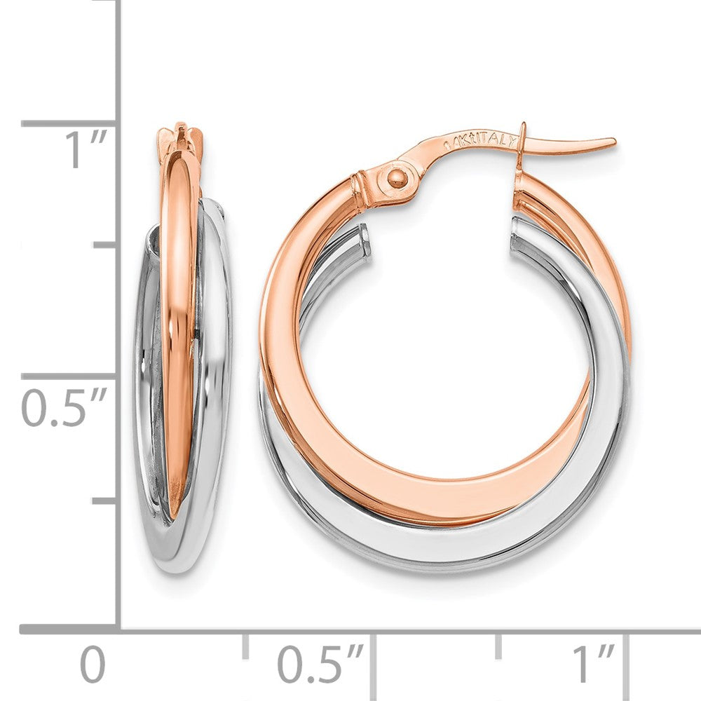 14K with Rhodium Polished Hinged Double Hoop Earrings