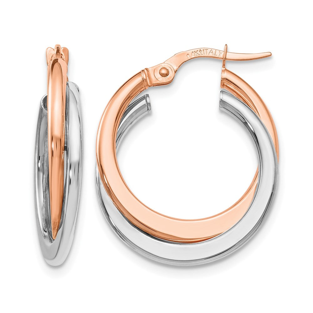 14K with Rhodium Polished Hinged Double Hoop Earrings