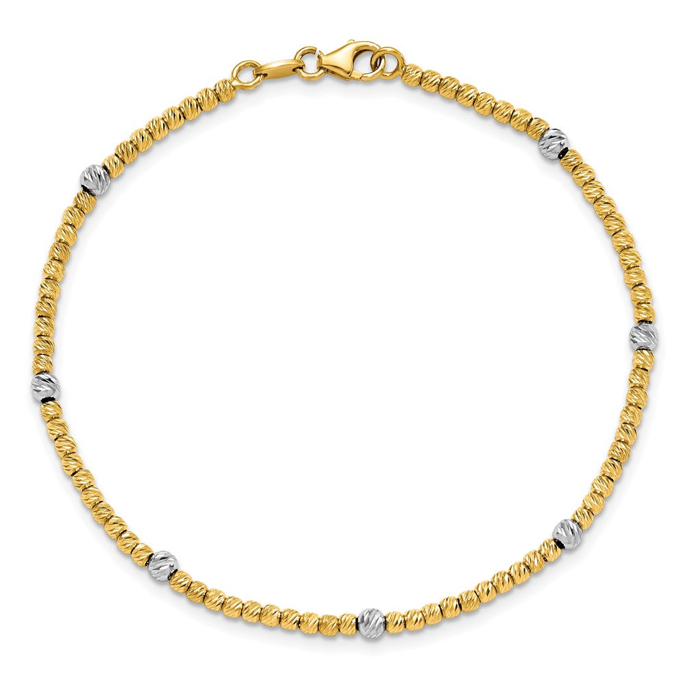 14K Two-tone Polished Diamond-cut 4mm Beaded 7.5 inch Bracelet