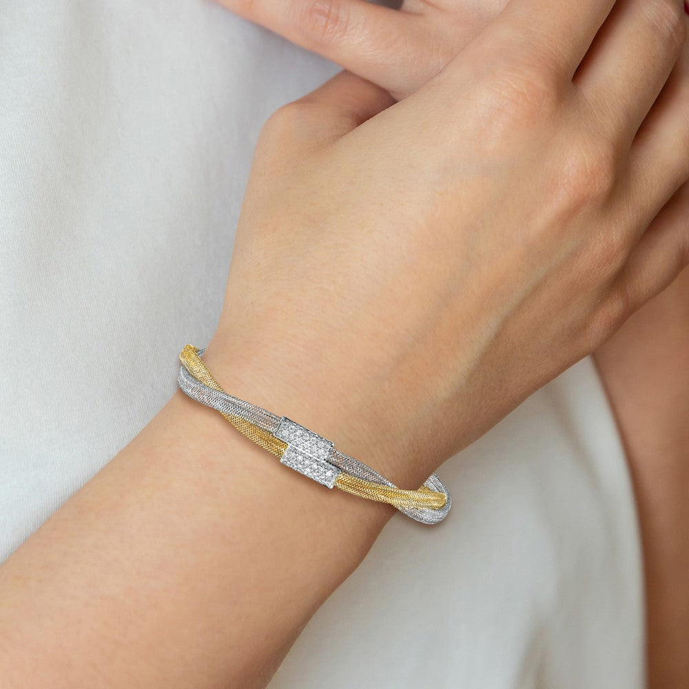 14K with White Rhodium CZ Polished Mesh Stretch Bracelet