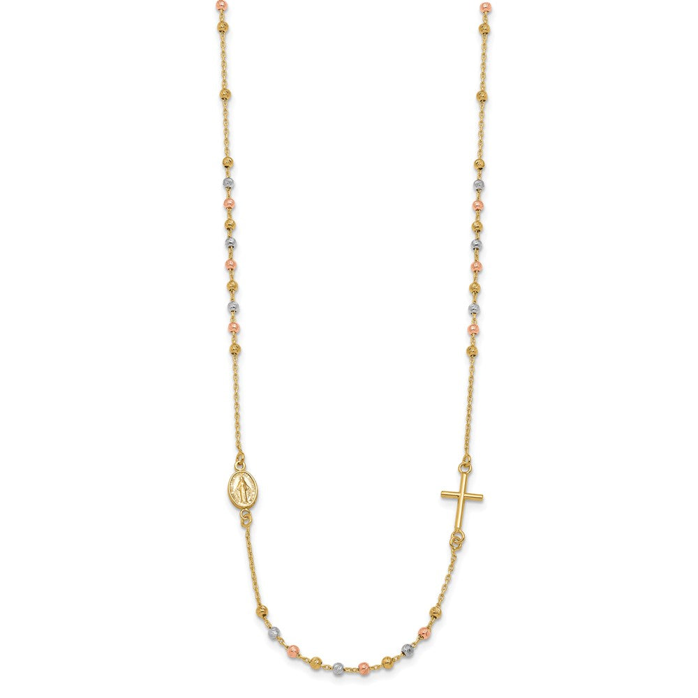 14K Tri-color Sideways Cross Beaded Rosary Style 18 inch Necklace