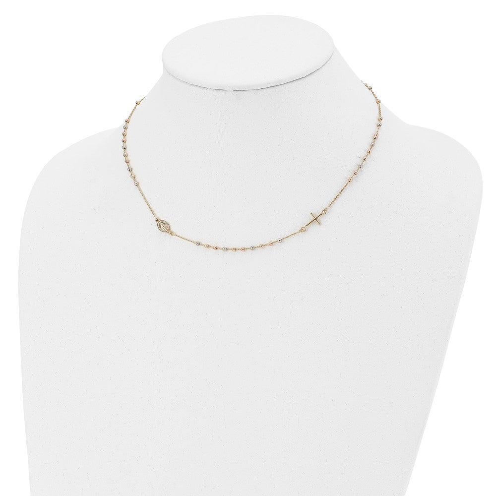 14K Tri-color Sideways Cross Beaded Rosary Style 18 inch Necklace