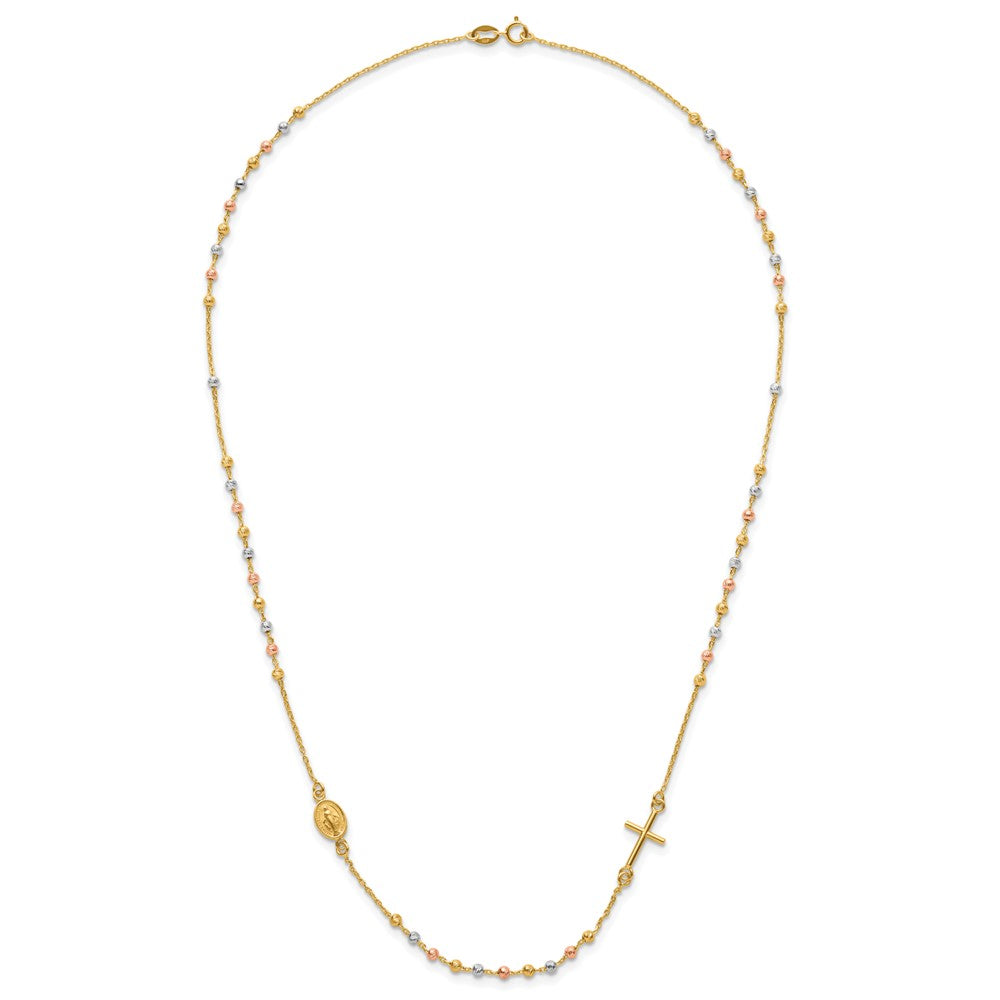 14K Tri-color Sideways Cross Beaded Rosary Style 18 inch Necklace
