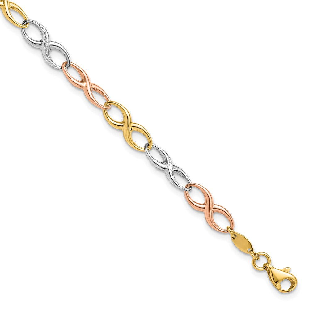 14K Tri-color Polished and Diamond-cut 5.00mm Infinity Symbol Link 7.5 inch Bracelet